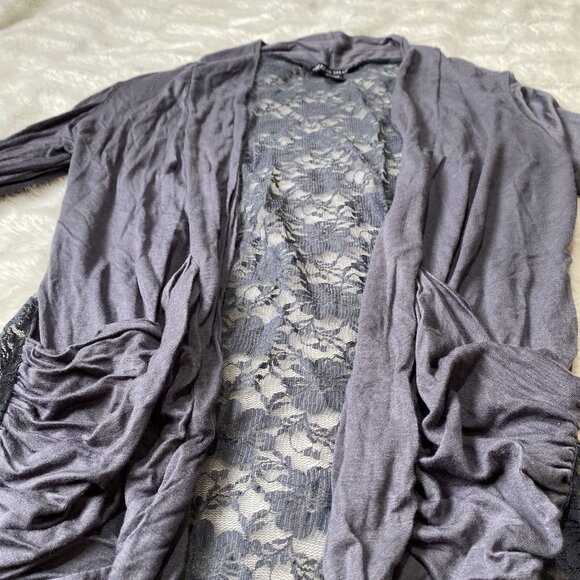 American Dream Women's Blue Rayon Floral Sheer Back Open Cardigan Sweater Size L - Picture 2 of 7